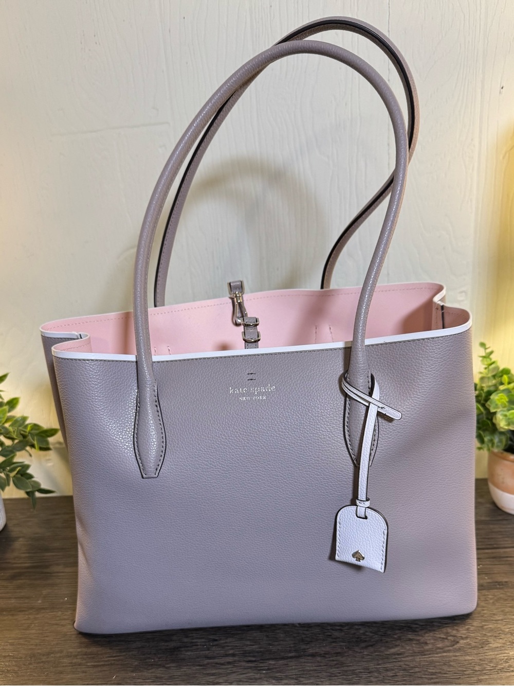Kate Spade Eva Large Taupe Tote with Pink Interior EUC